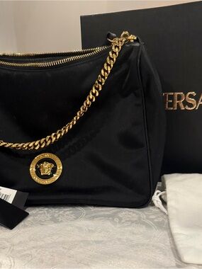 Authentic Medusa Versace Black Nylon Shoulder Bag with Gold Chain